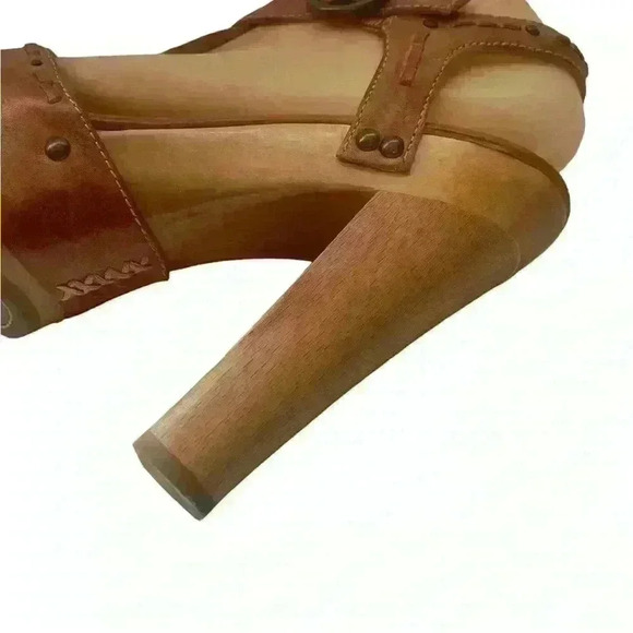 FRYE Fran X Stich Women Platform Brown Leather Wooden Heels Sandals Size 8.5 M - Picture 7 of 11